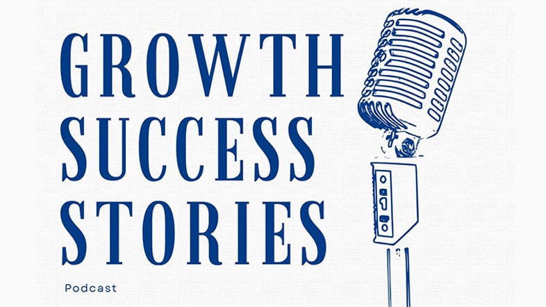 Growth Success Stories podcast logo with blue text and a vintage microphone illustration