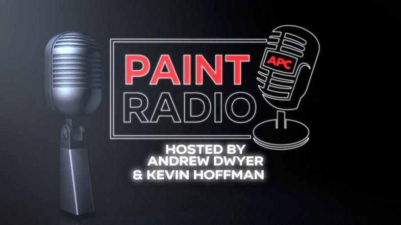 Paint Radio podcast logo featuring microphones and text hosted by Andrew Dwyer and Kevin Hoffman