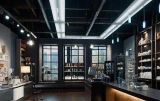 Commercial interior with custom shelving and dark walls painted by BluePeake Painting Services