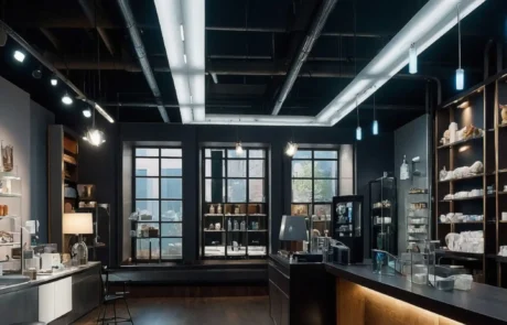 Commercial interior with custom shelving and dark walls painted by BluePeake Painting Services