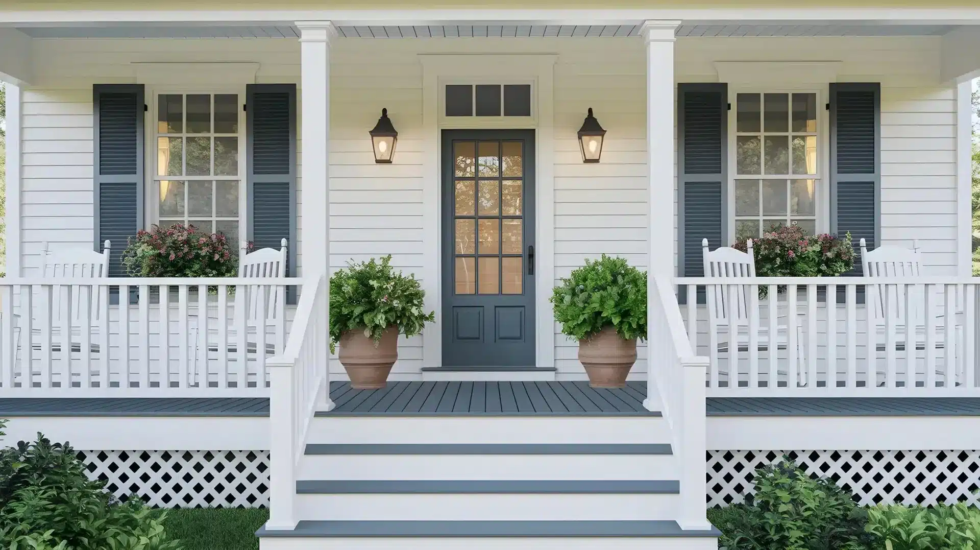 Front porch of a white house with dark blue shutters, front door, and steps painted by BluePeake Painting Services
