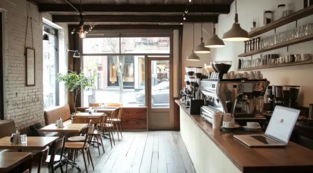 Interior view of a cozy coffee shop with wooden flooring, counter, and seating area
