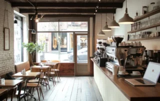 Cozy coffee shop interior with wooden floors, white brick walls, and coffee bar in Annapolis MD