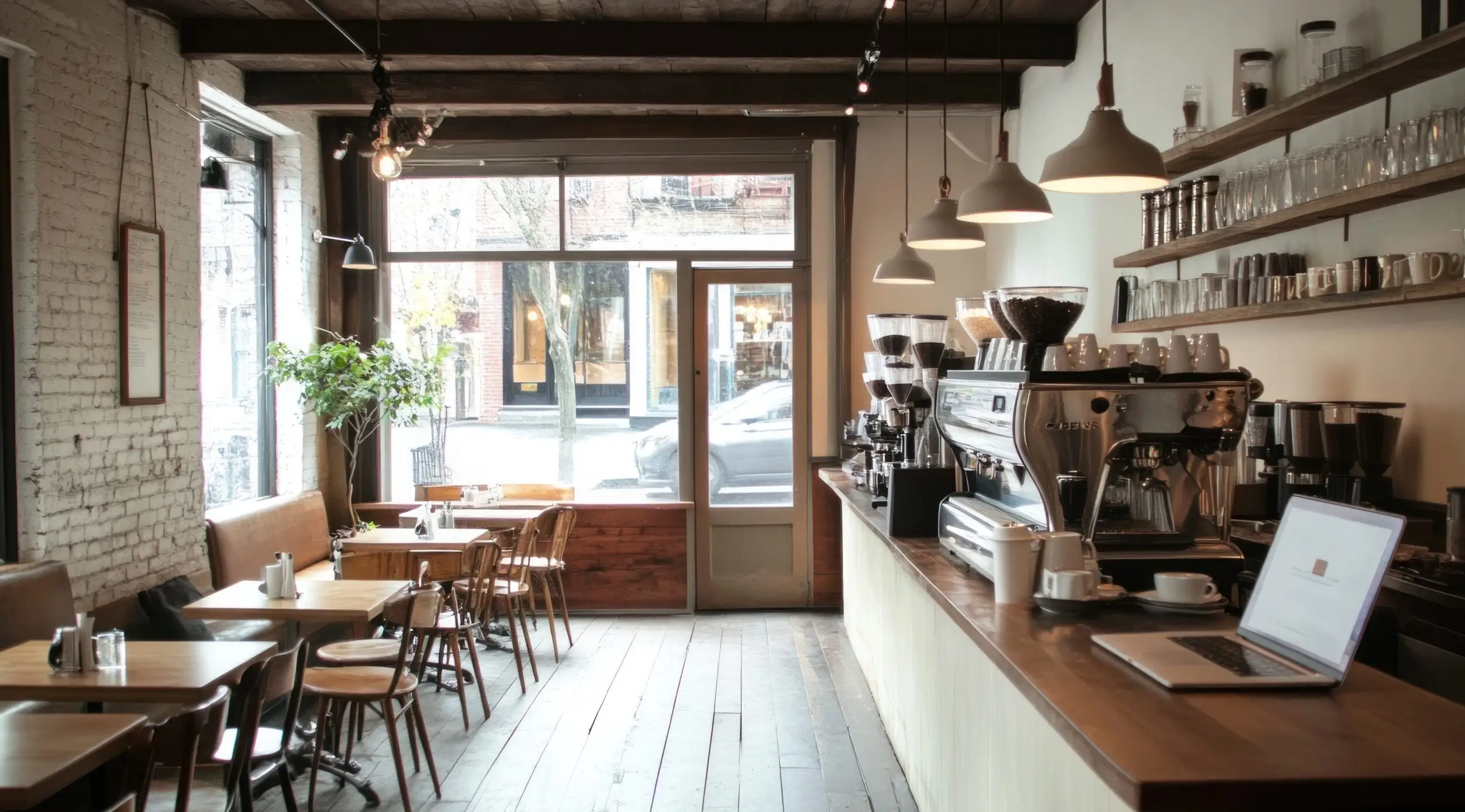 Cozy coffee shop interior with wooden floors, white brick walls, and coffee bar in Annapolis MD
