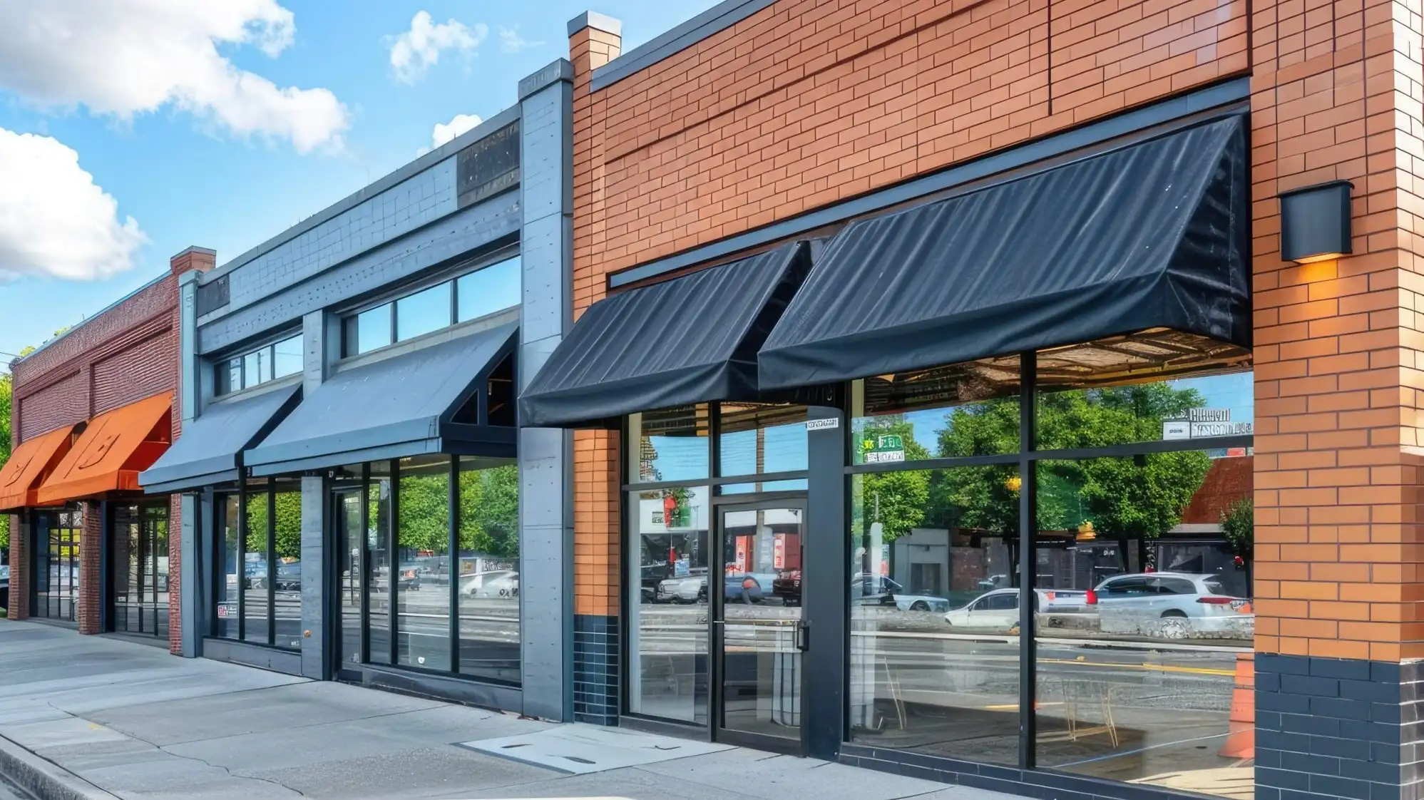 Row of commercial storefronts with brick exterior and awnings in Annapolis MD