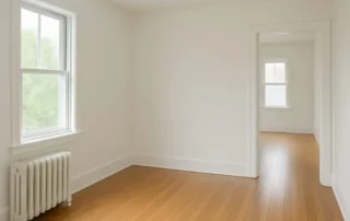 Empty room with freshly painted white walls, hardwood floors, and radiator