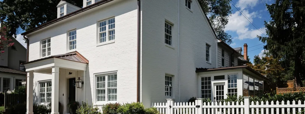 A two-story white brick residential home with a covered front porch and picket fence in Annapolis Md