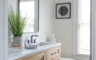 Bright bathroom featuring light wood vanity, white walls, grey hexagon floor tiles, and black hardware