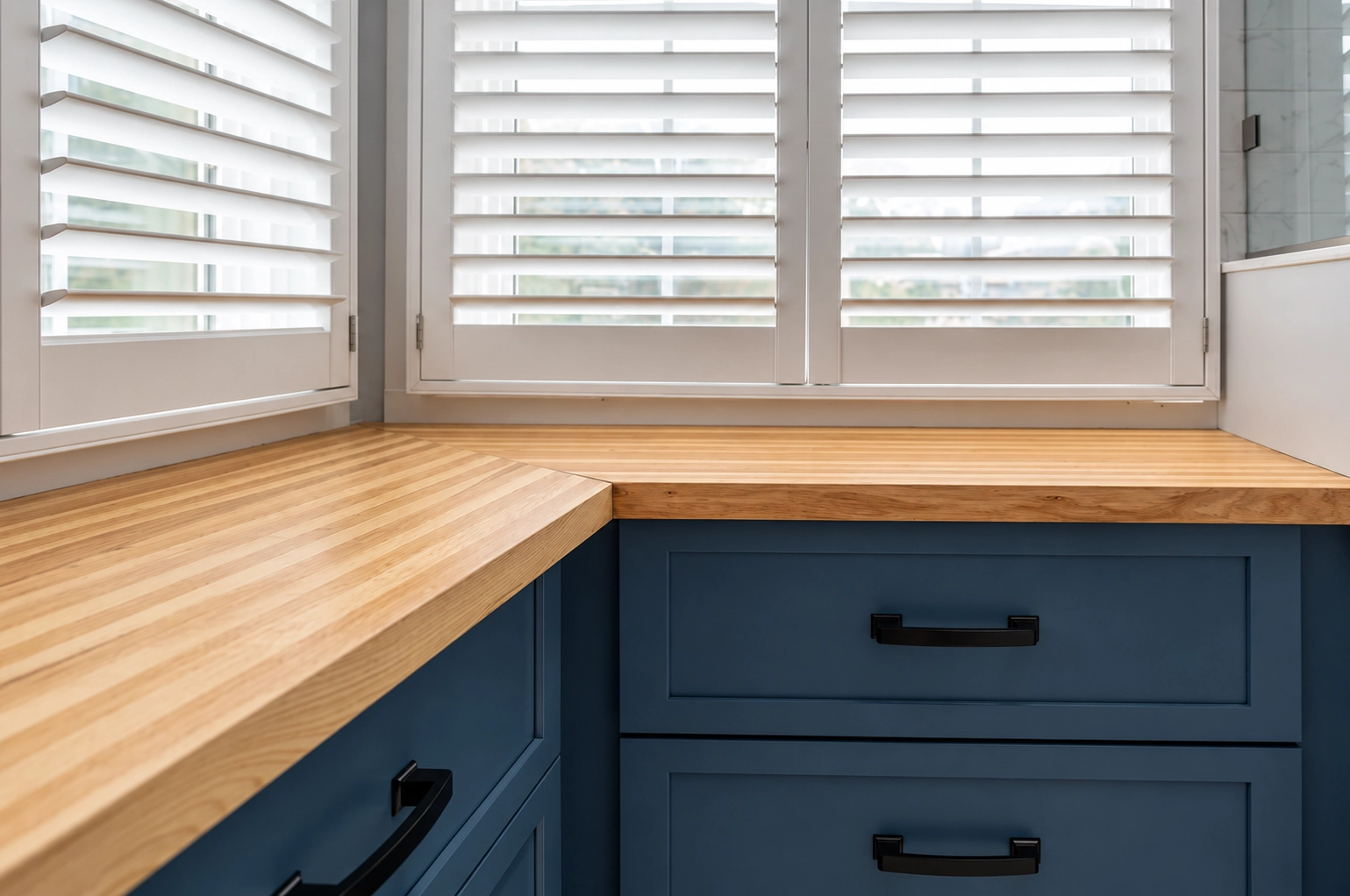 Navy kitchen drawers with black handles and a butcher block countertop