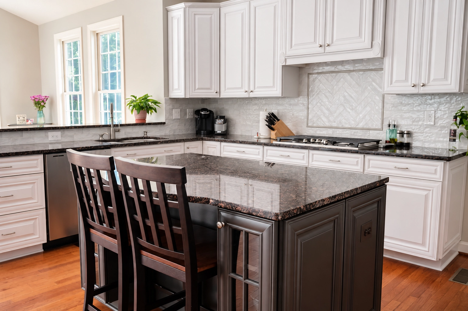 White raised-panel kitchen cabinets with dark countertops and island seating